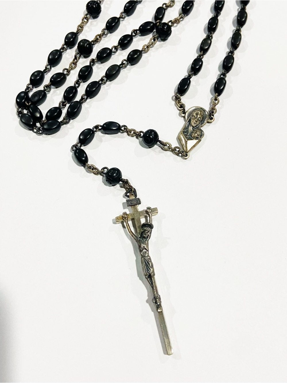 Vintage/Antique Sterling Silver Black Wood Bead Rosary Necklace